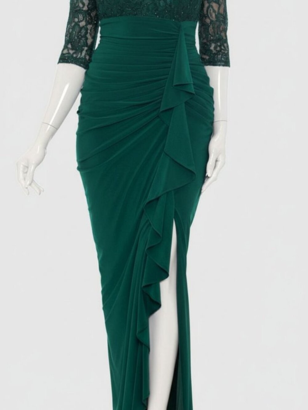 Betsy & Adam Women's Green Lace-Top 3/4-Sleeve Ruffled Sheath Gown Dress Sz 10